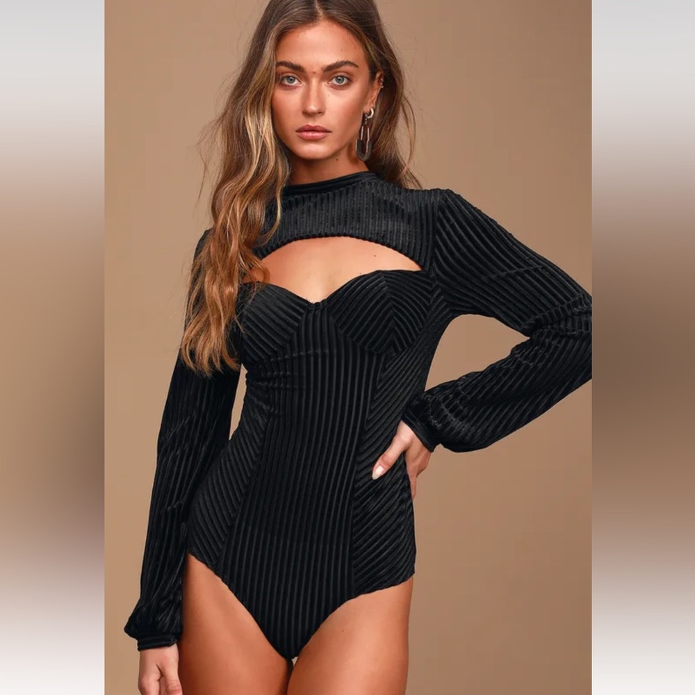 Always Alluring Black Striped Velvet Cutout Bustier Bodysuit